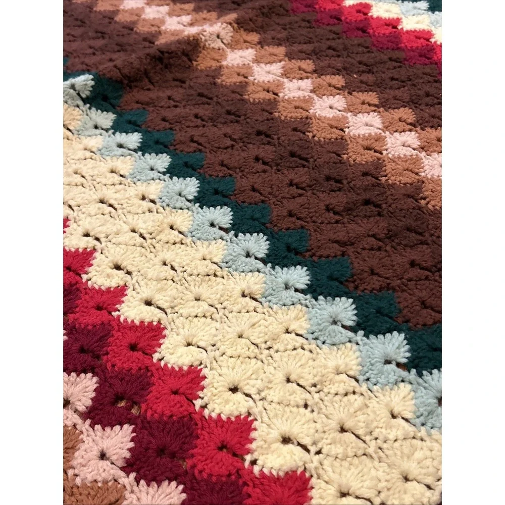 Vtg‎ Multicolor Crocheted Knit Afghan Blanket Couch Throw Rustic Cabincore